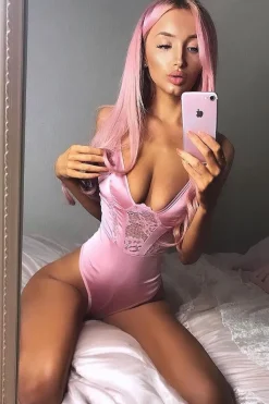 Rebellious Fashion Dusty Pink Satin Lace Plunge Bodysuit - Zaida