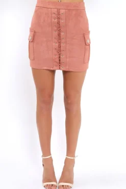 Rebellious Fashion Dusty Pink Suedette Lace Up Skirt - Ressie