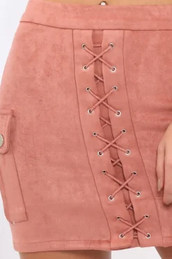 Rebellious Fashion Dusty Pink Suedette Lace Up Skirt - Ressie
