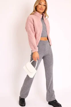 Rebellious Fashion Dusty Pink Zip Front Teddy Jacket - Elena