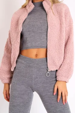 Rebellious Fashion Dusty Pink Zip Front Teddy Jacket - Elena
