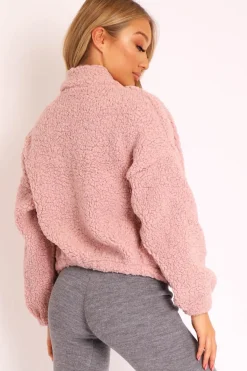 Rebellious Fashion Dusty Pink Zip Front Teddy Jacket - Elena