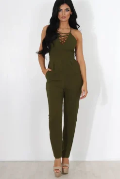 Rebellious Fashion Eilysh Khaki Lace Up Jumpsuit