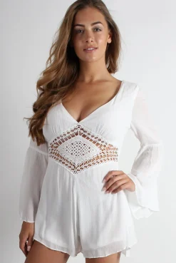Rebellious Fashion Eleanor White Crochet Bell Sleeve Playsuit