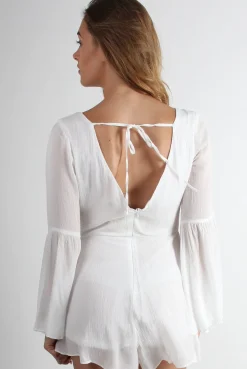 Rebellious Fashion Eleanor White Crochet Bell Sleeve Playsuit