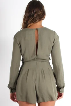 Rebellious Fashion Ellie Khaki Cross Front Playsuit