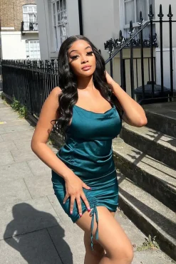 Rebellious Fashion Emerald Cowl Neck Side Ruched Mini Dress - Adele