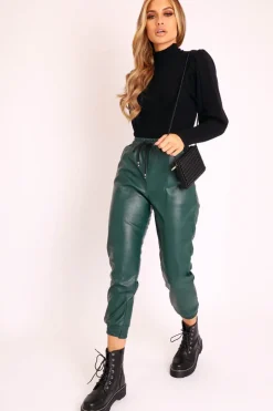 Rebellious Fashion Emerald Faux Leather Drawstring Waist Joggers - Persia