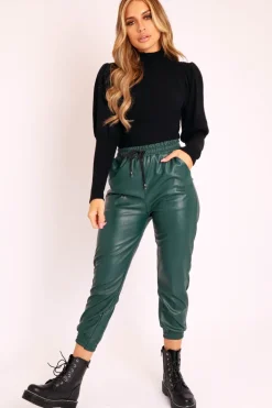 Rebellious Fashion Emerald Faux Leather Drawstring Waist Joggers - Persia