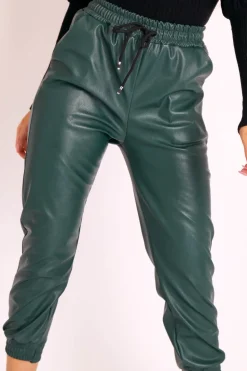 Rebellious Fashion Emerald Faux Leather Drawstring Waist Joggers - Persia