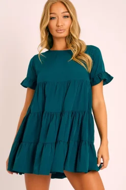 Rebellious Fashion Emerald Green Smock Tiered Frill Sleeve Mini Dress - Olah