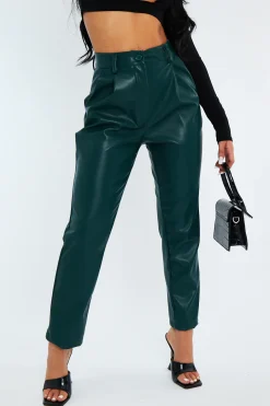 Rebellious Fashion Emerald Green Tailored Fit PU Leather Trousers - Nadya