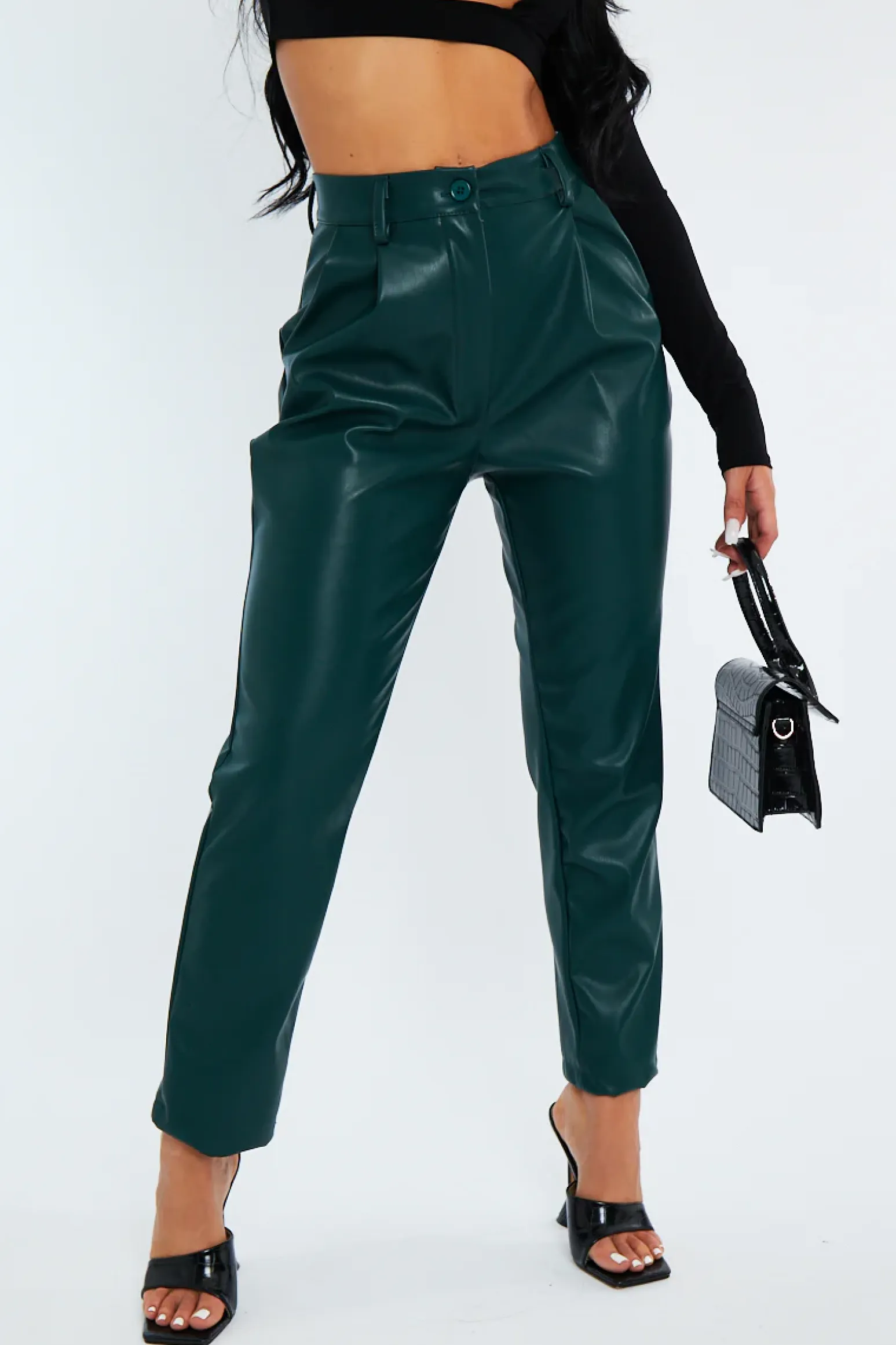Rebellious Fashion Emerald Green Tailored Fit PU Leather Trousers - Nadya
