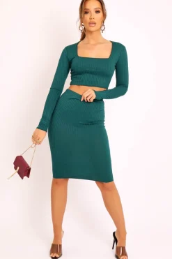Rebellious Fashion Emerald Ribbed Square Neck Top and Midi Skirt Co-ord - Tiera