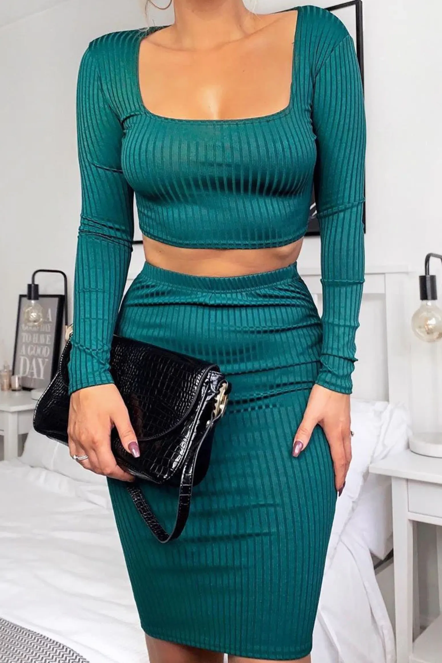 Rebellious Fashion Emerald Ribbed Square Neck Top and Midi Skirt Co-ord - Tiera