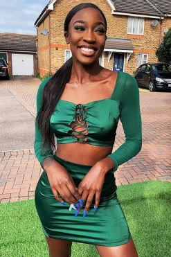 Rebellious Fashion Emerald Satin Mesh Lace Up Detail Co-Ord - Levi
