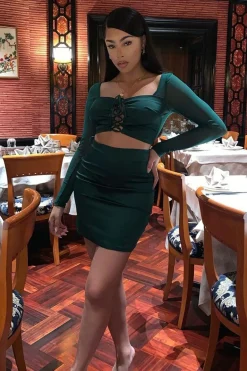 Rebellious Fashion Emerald Satin Mesh Lace Up Detail Co-Ord - Levi