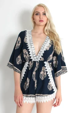 Rebellious Fashion Emmy Navy Paisley Print Crochet Playsuit