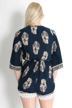 Rebellious Fashion Emmy Navy Paisley Print Crochet Playsuit