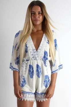 Rebellious Fashion Emmy White Paisley Print Crochet Playsuit