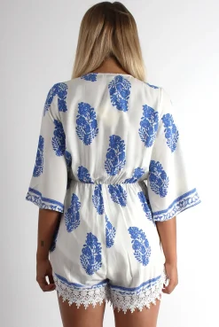 Rebellious Fashion Emmy White Paisley Print Crochet Playsuit