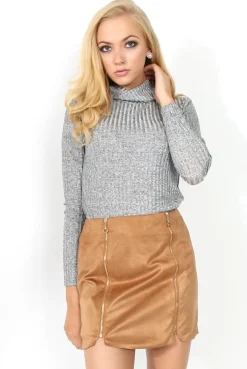 Rebellious Fashion Esmey Camel Suede Zip Up Skirt
