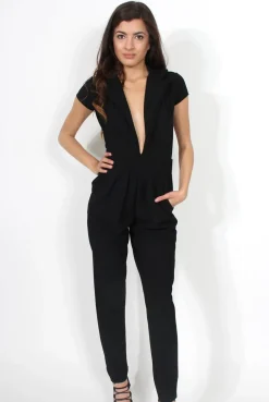 Rebellious Fashion Farrah Black Deep V Jumpsuit