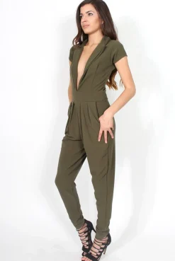 Rebellious Fashion Farrah Khaki Deep V Jumpsuit