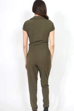 Rebellious Fashion Farrah Khaki Deep V Jumpsuit