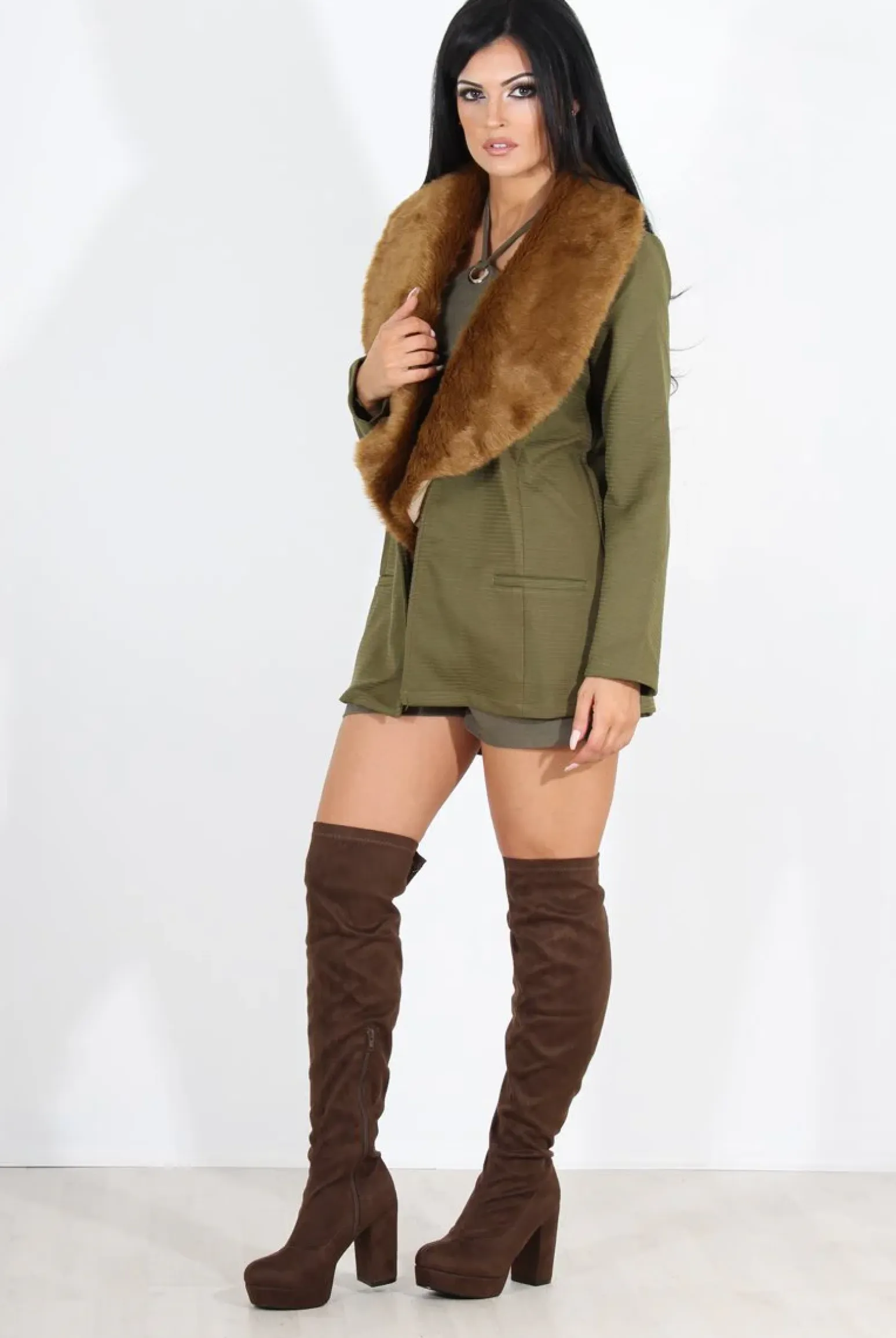 Rebellious Fashion Felicia Khaki Faux Fur Jacket