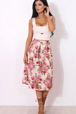 Rebellious Fashion Fergi Nude Floral Print Midi Skirt