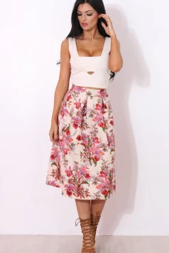 Rebellious Fashion Fergi Nude Floral Print Midi Skirt