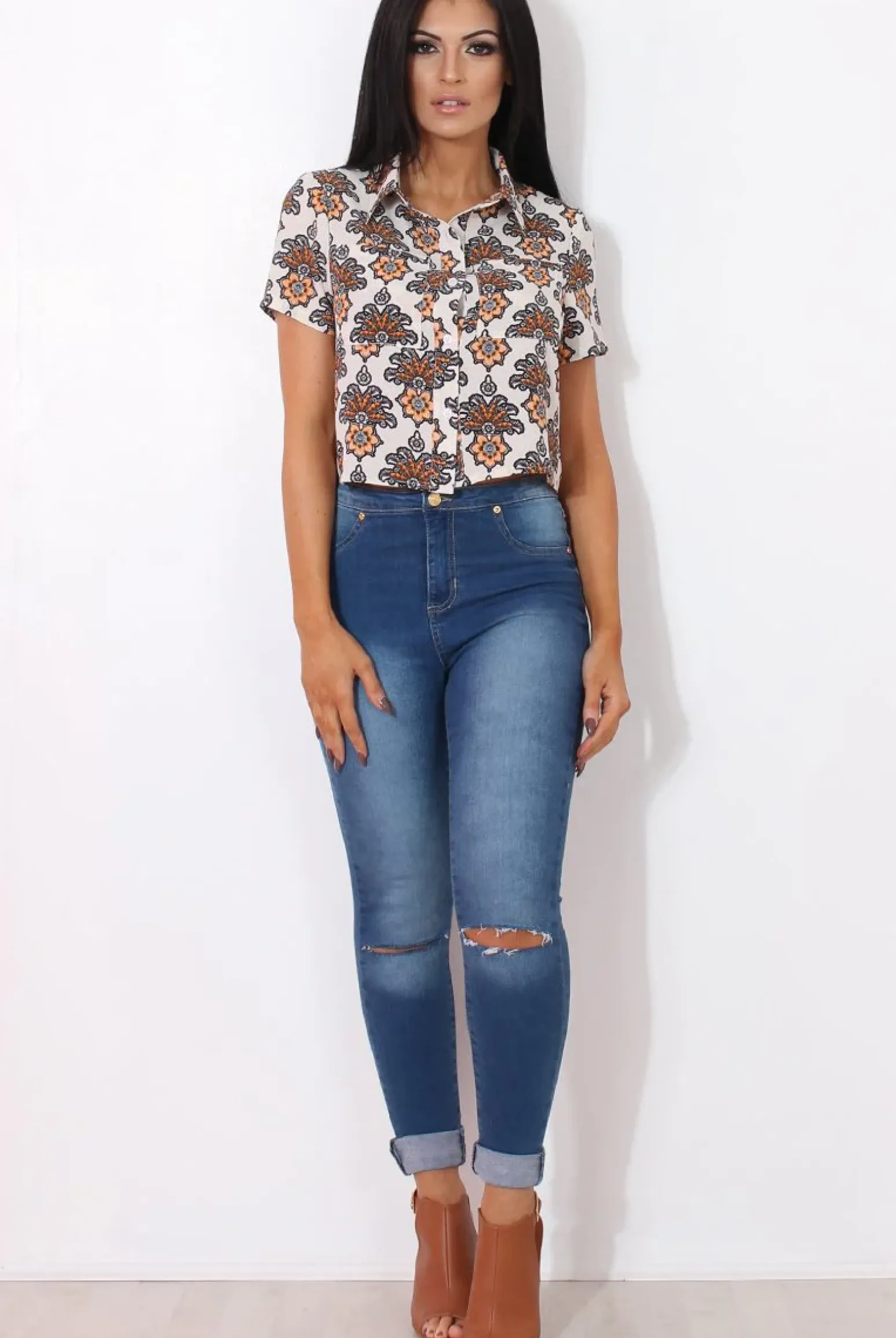 Rebellious Fashion Fern Rust Floral Crop Shirt