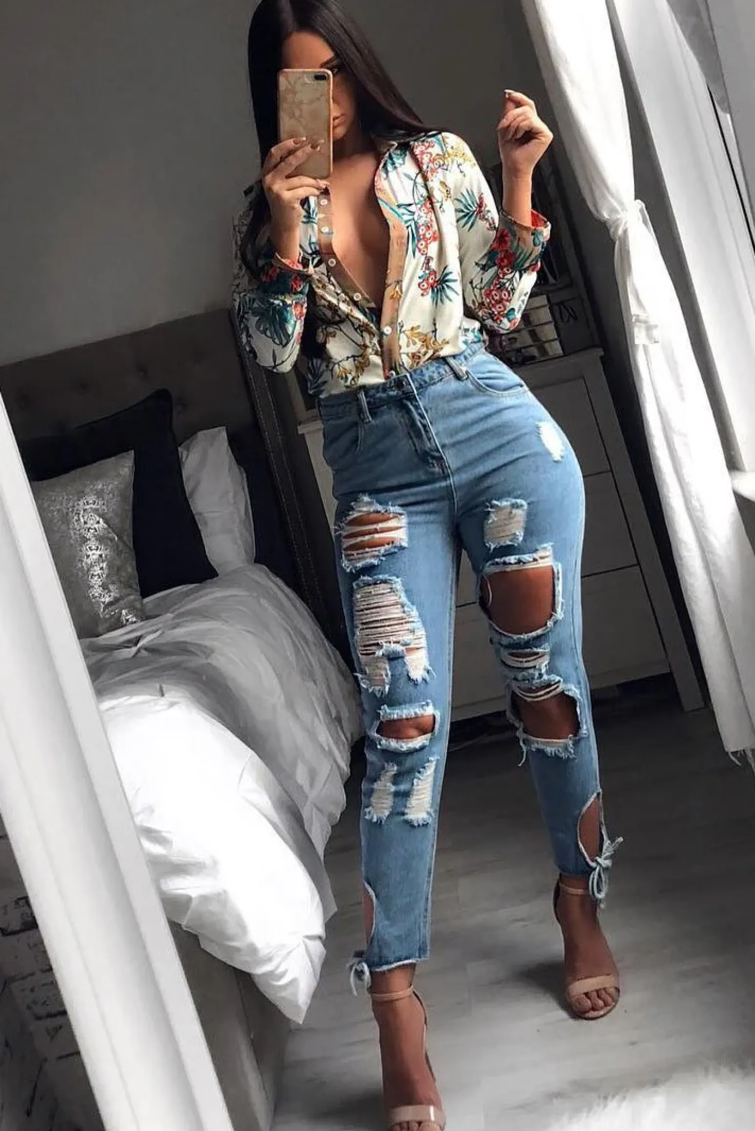Rebellious Fashion Floral Button Down Blouse with Beige Contrast - Katherine