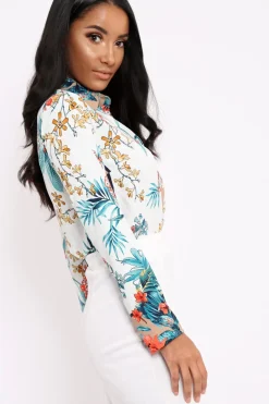 Rebellious Fashion Floral Button Down Blouse with Beige Contrast - Katherine