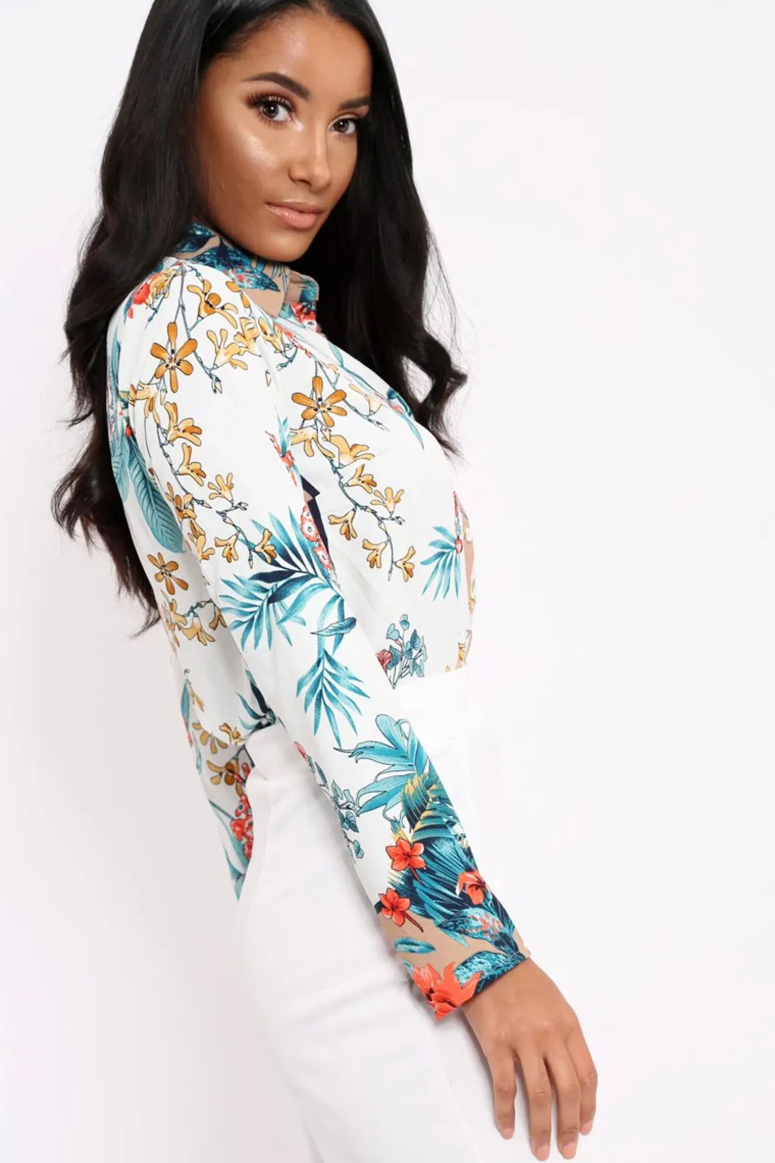 Rebellious Fashion Floral Button Down Blouse with Beige Contrast - Katherine