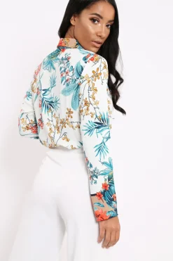 Rebellious Fashion Floral Button Down Blouse with Beige Contrast - Katherine
