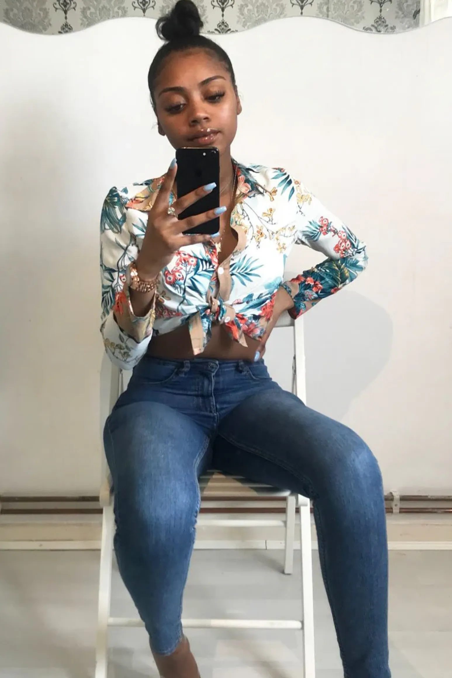 Rebellious Fashion Floral Button Down Blouse with Beige Contrast - Katherine