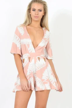 Rebellious Fashion Floral Coral Plunge Cut Out Playsuit - Sally