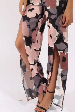 Rebellious Fashion Floral Print Bandeau Choker Split Detail Jumpsuit - Rosy
