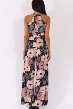 Rebellious Fashion Floral Print Bandeau Choker Split Detail Jumpsuit - Rosy