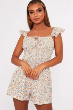 Rebellious Fashion Floral Shirred Style Short Sleeve Cream Playsuit - Nelsy