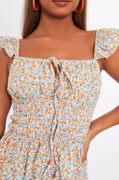 Rebellious Fashion Floral Shirred Style Short Sleeve Cream Playsuit - Nelsy