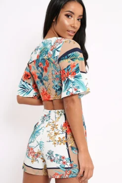 Rebellious Fashion Floral with Beige Contrast Crop Top and Shorts Co-ord - Cammy