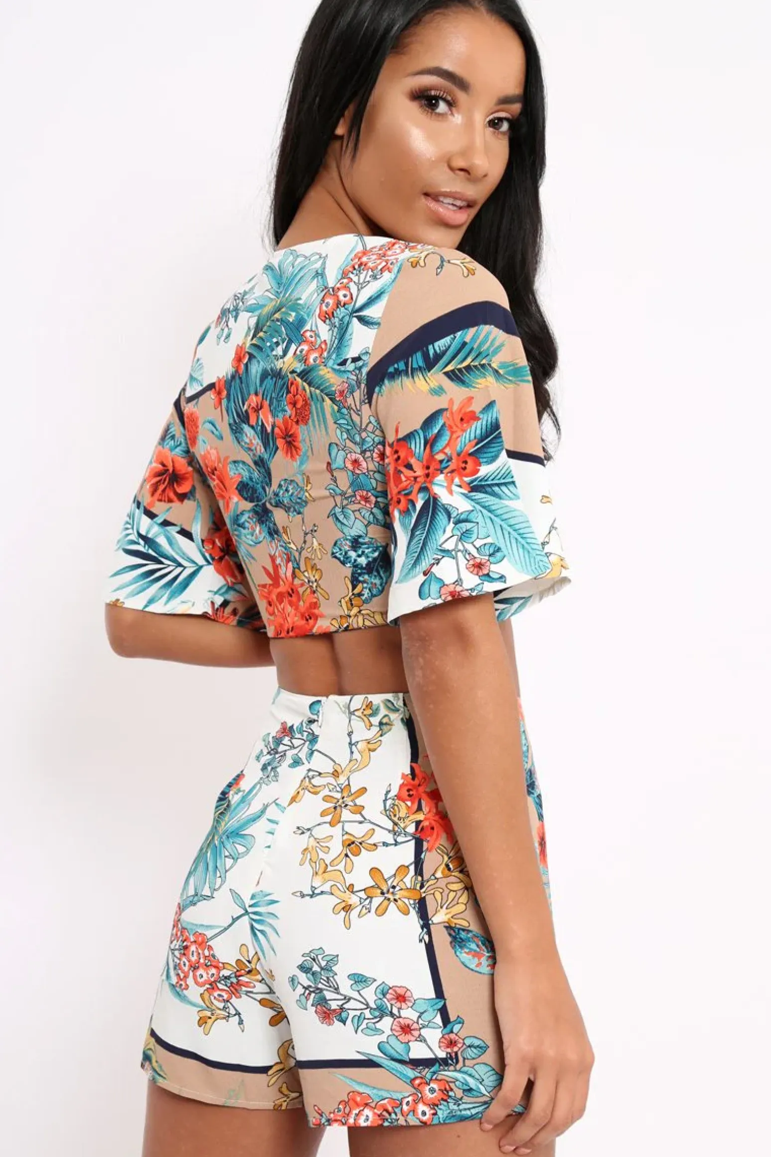 Rebellious Fashion Floral with Beige Contrast Crop Top and Shorts Co-ord - Cammy