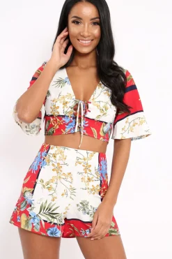 Rebellious Fashion Floral with Red Contrast Crop Top and Shorts Co-ord - Cammy
