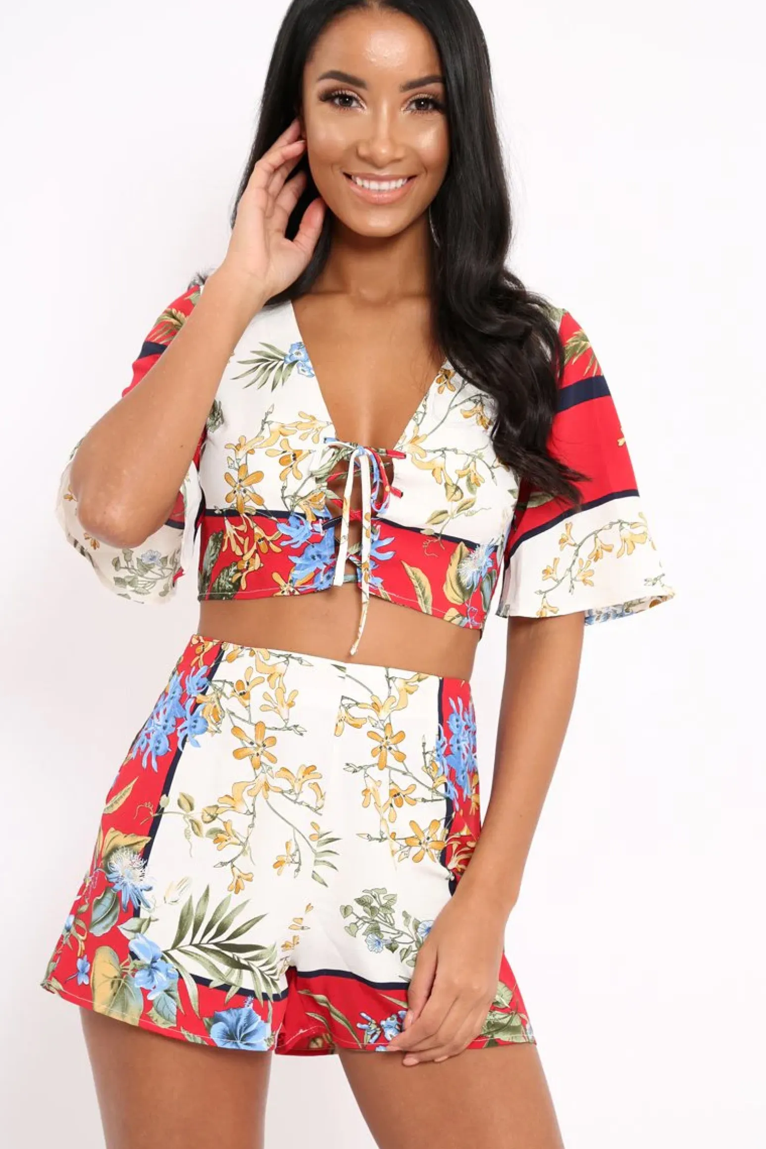 Rebellious Fashion Floral with Red Contrast Crop Top and Shorts Co-ord - Cammy