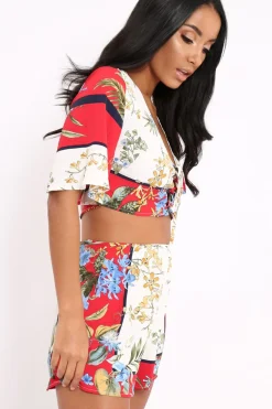 Rebellious Fashion Floral with Red Contrast Crop Top and Shorts Co-ord - Cammy