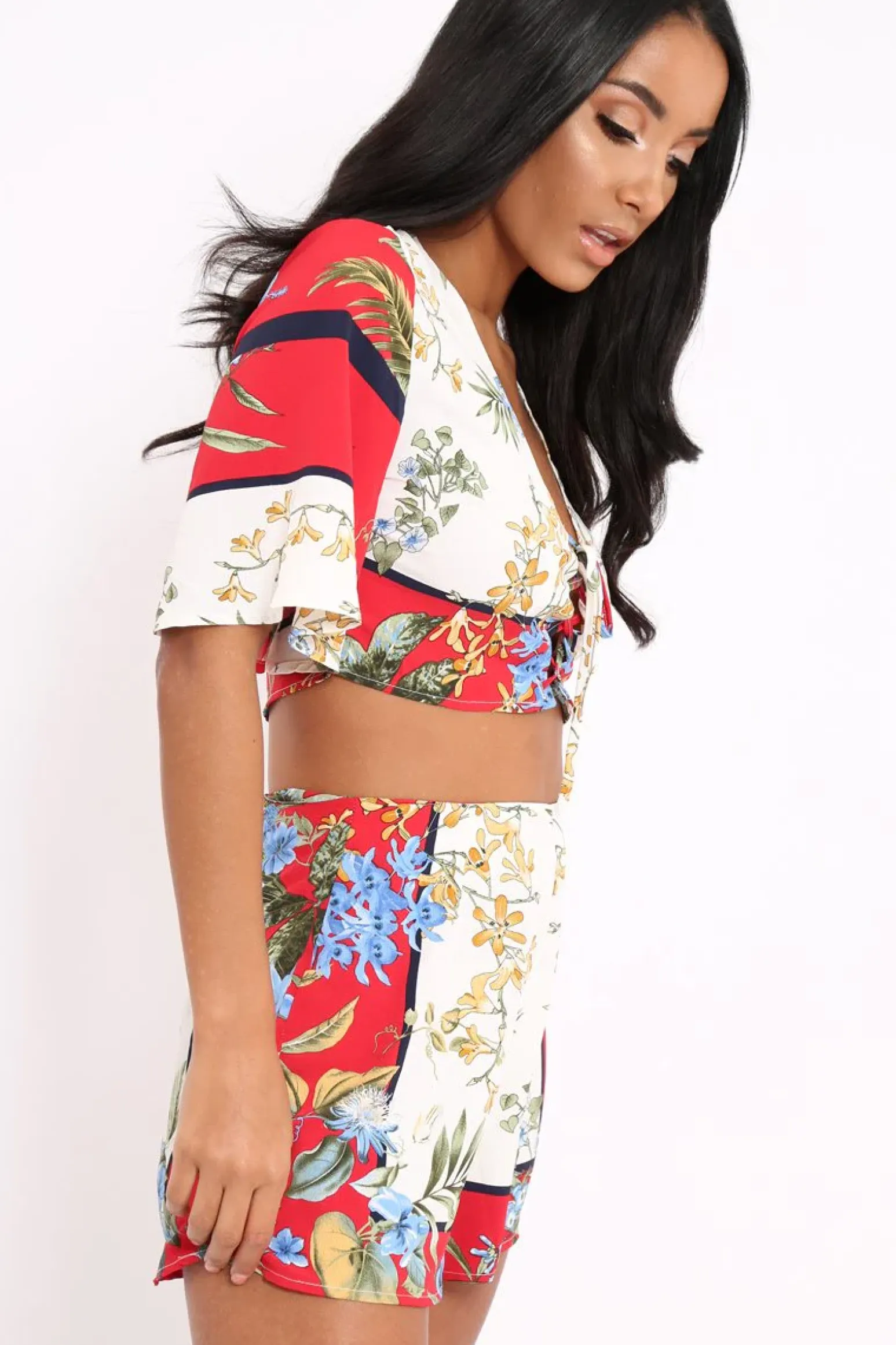 Rebellious Fashion Floral with Red Contrast Crop Top and Shorts Co-ord - Cammy