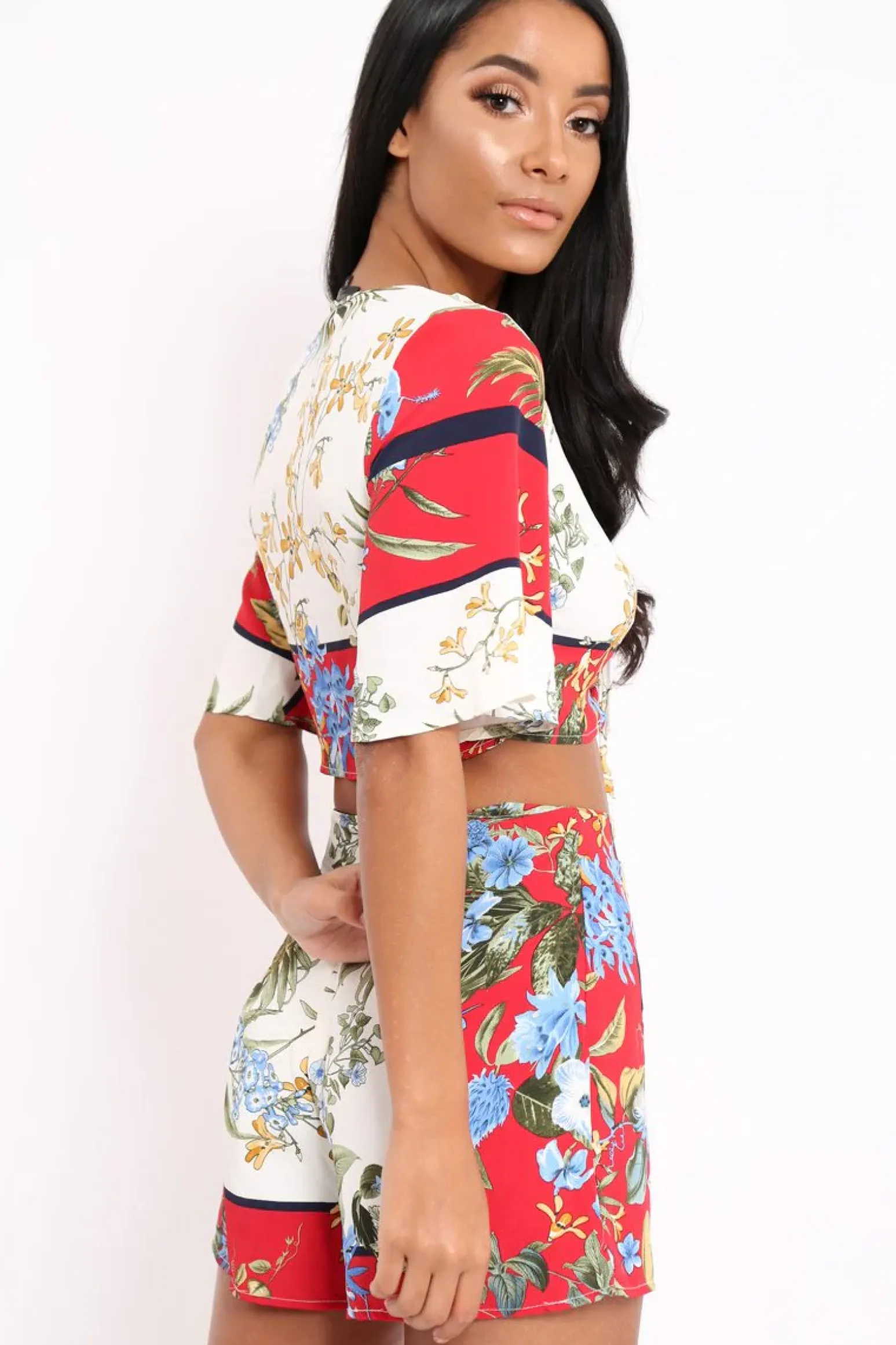 Rebellious Fashion Floral with Red Contrast Crop Top and Shorts Co-ord - Cammy